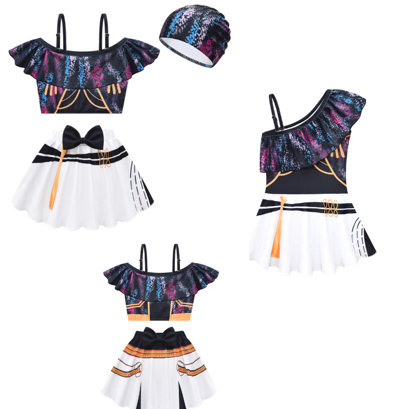 新款儿童连体裙泳衣 cosplay猎魔女团女童斜肩连体泳衣