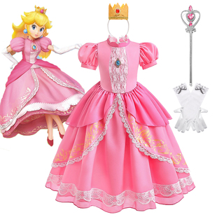 女童cos桃子碧姬公主裙超级马里奥舞台表演蓬蓬网纱礼服裙送皇冠