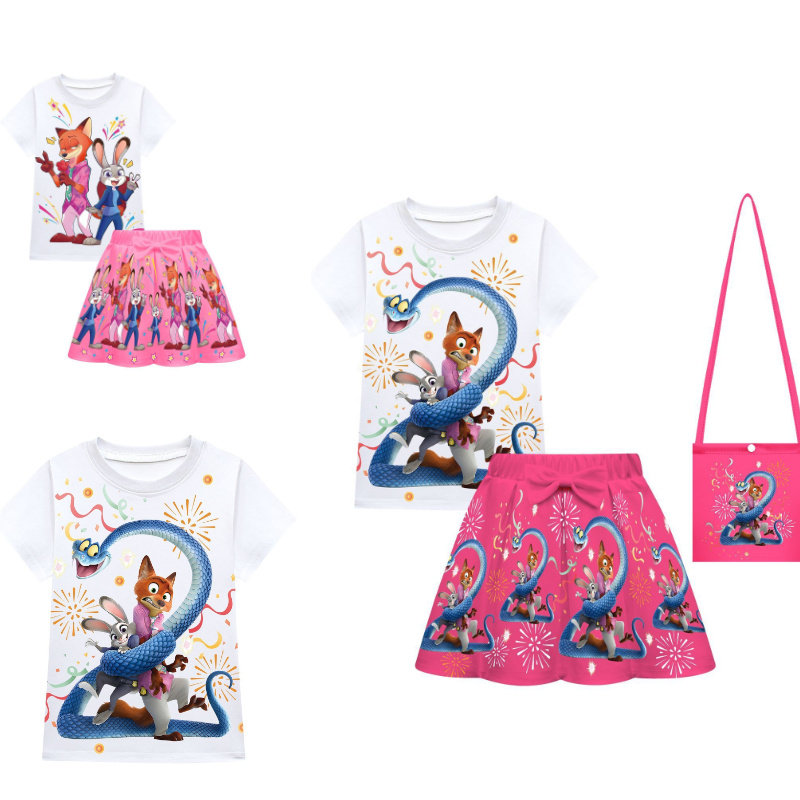 儿童套装Zootopia 疯狂动物城2女童夏季短袖百褶裙包包三件套