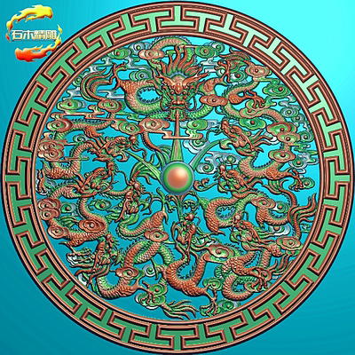 精雕图圆形挂件贴花九龙戏珠镂空浮雕灰度图石雕木雕电脑雕刻91