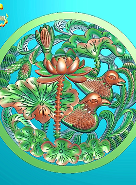 精雕图圆形挂件贴花荷花鸳鸯镂空浮雕图灰度图石雕木雕电脑雕刻76