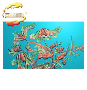 新款墓碑石材类8-001 仙鹤荷花精雕图灰度浮雕图石碑栏板雕刻图