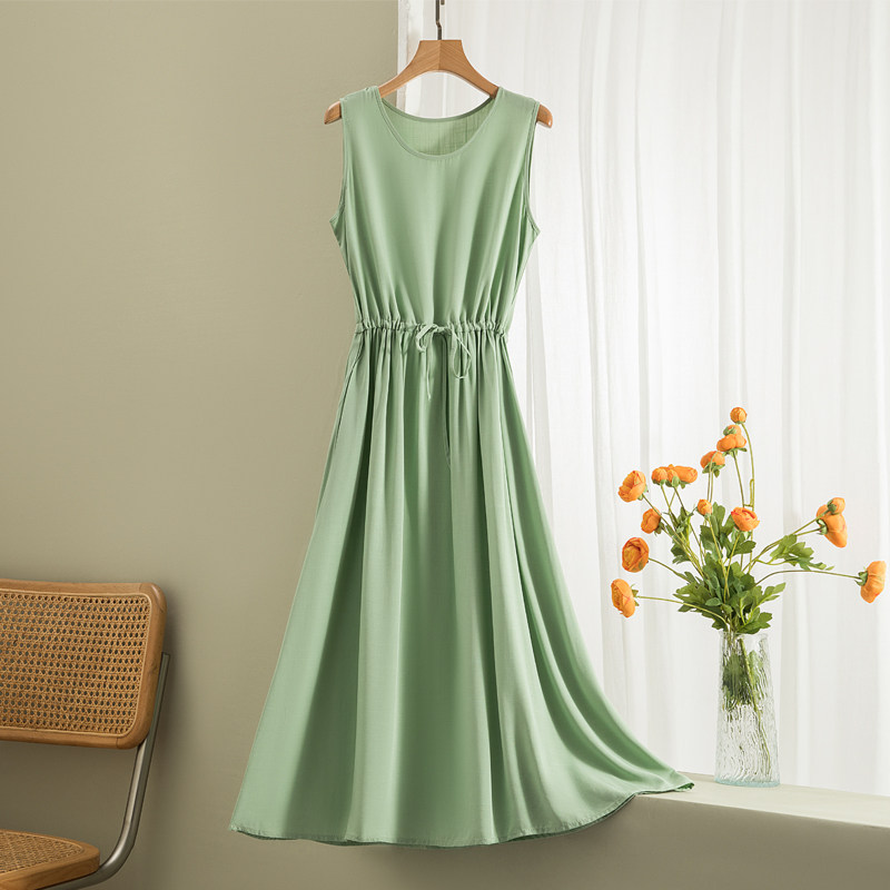 新款高端气质纯色棉绸背心连衣裙女夏季人造棉无袖外穿绵绸长裙子