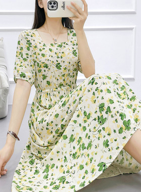 2026新款高端棉绸连衣裙女夏季外穿收腰人造棉中长大摆绵绸碎花裙