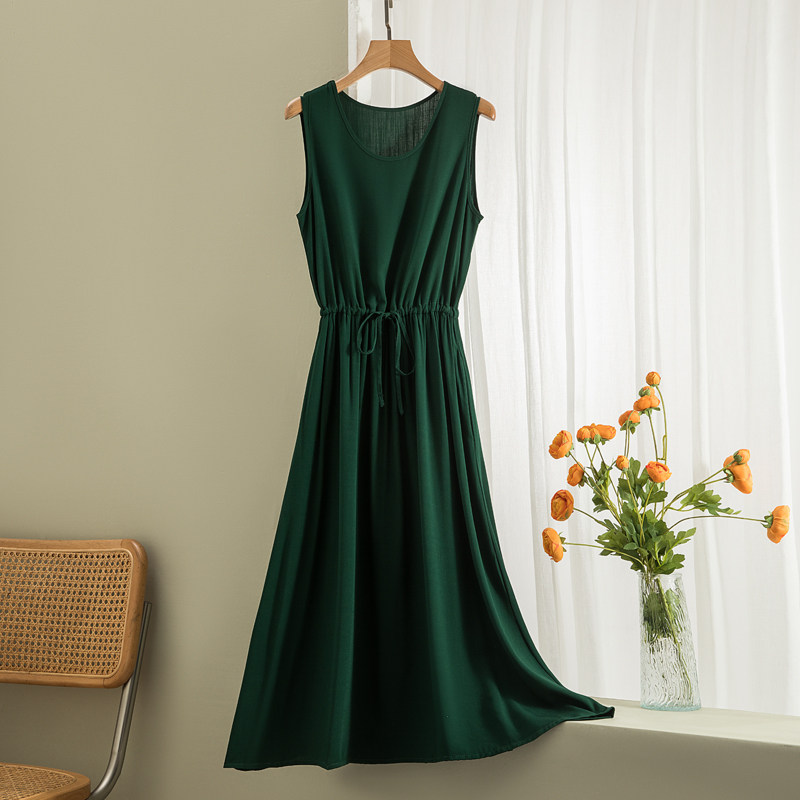 2026新款高端纯色棉绸连衣裙女夏季人棉无袖背心裙外穿绵绸长裙子