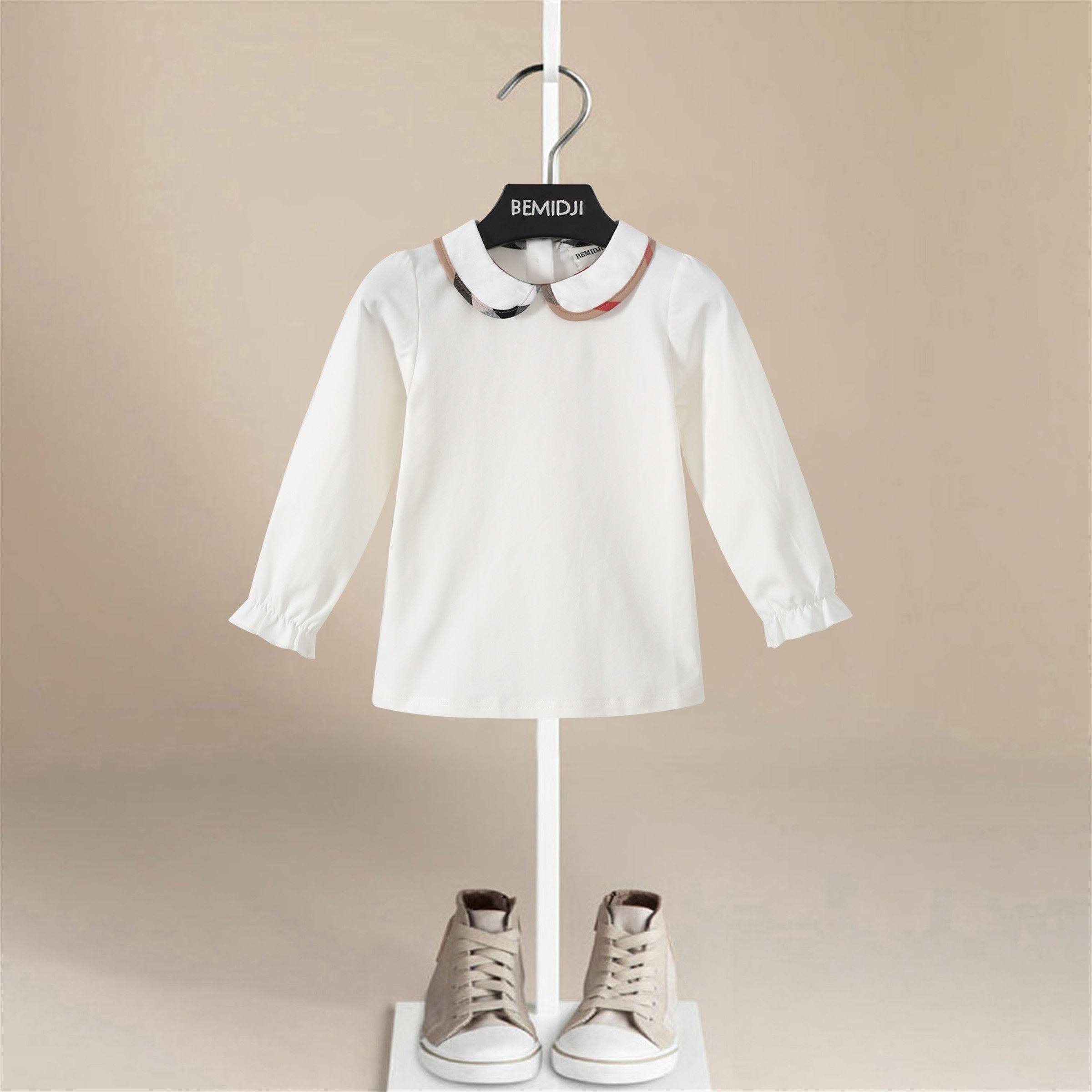 女童白色打底衫春秋撞色娃娃领宝宝薄款T恤纯棉伯米吉品牌儿童装,童装/婴儿装/亲子装,T恤,淘宝优惠券,粉丝福利购,淘宝优惠卷