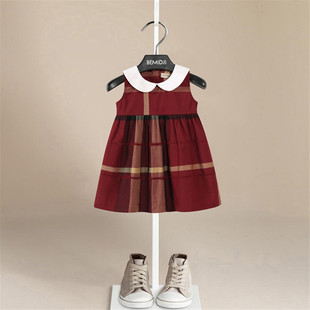 夏天小女孩裙子童装 女童夏装 红色公主裙英伦范儿童格子裙纯棉薄款