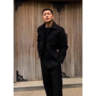 黑色仿麂皮翻领夹克男款秋季高级感潮牌美式复古磨砂短款工装外套