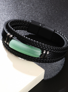 欧美跨境皮手链绿东陵石头手工编织PU皮革手环不锈钢圈男士手饰品