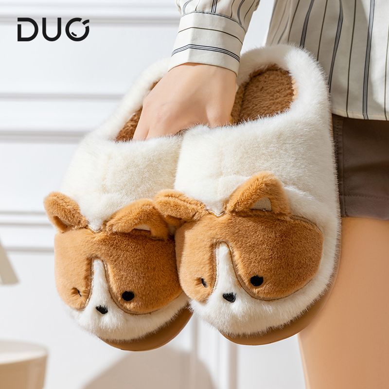 卡通柯基毛绒棉拖鞋女款冬季防滑