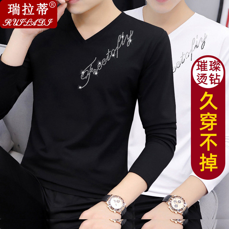 烫钻纯棉长袖t恤男v领青少年修身新款春秋装新款纯白色秋季男装潮