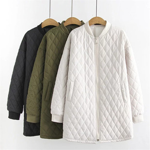 棉服女 220斤遮肉显瘦棉衣菱形格外套中长款 胖妹妹加肥加大码 女装