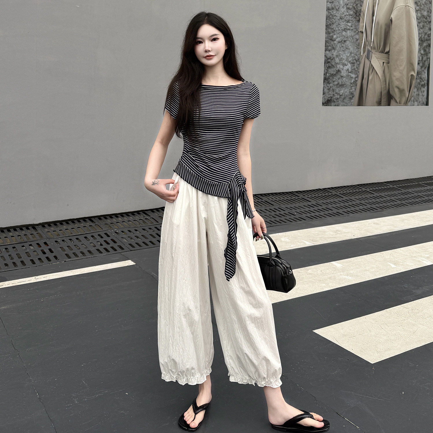 休闲套装女2026夏季新款一字领条纹短袖T恤上衣+九分阔腿裤两件套