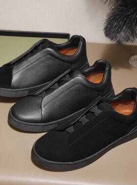 新款欧洲男鞋一脚蹬休闲鞋时尚运动板鞋套脚乐福鞋厚底牛皮低帮鞋