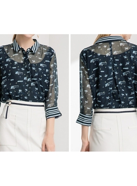 伊诗夏兰薇五分袖印花雪纺衬衫女夏新款设计感显瘦衬衣假两件上衣