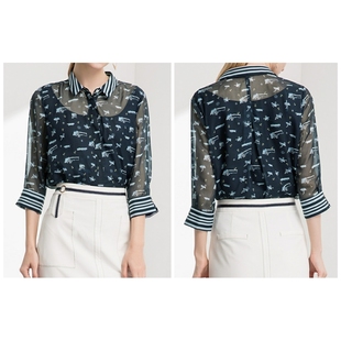 伊诗夏兰薇五分袖印花雪纺衬衫女夏新款设计感显瘦衬衣假两件上衣