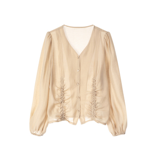 idole奕多天丝v领长袖衬衫女2024春夏季新款泡泡袖设计感短款上衣