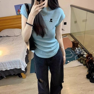 Restandrecreation蓝色背心t恤女修身 上衣 显瘦韩国潮牌纯欲短袖