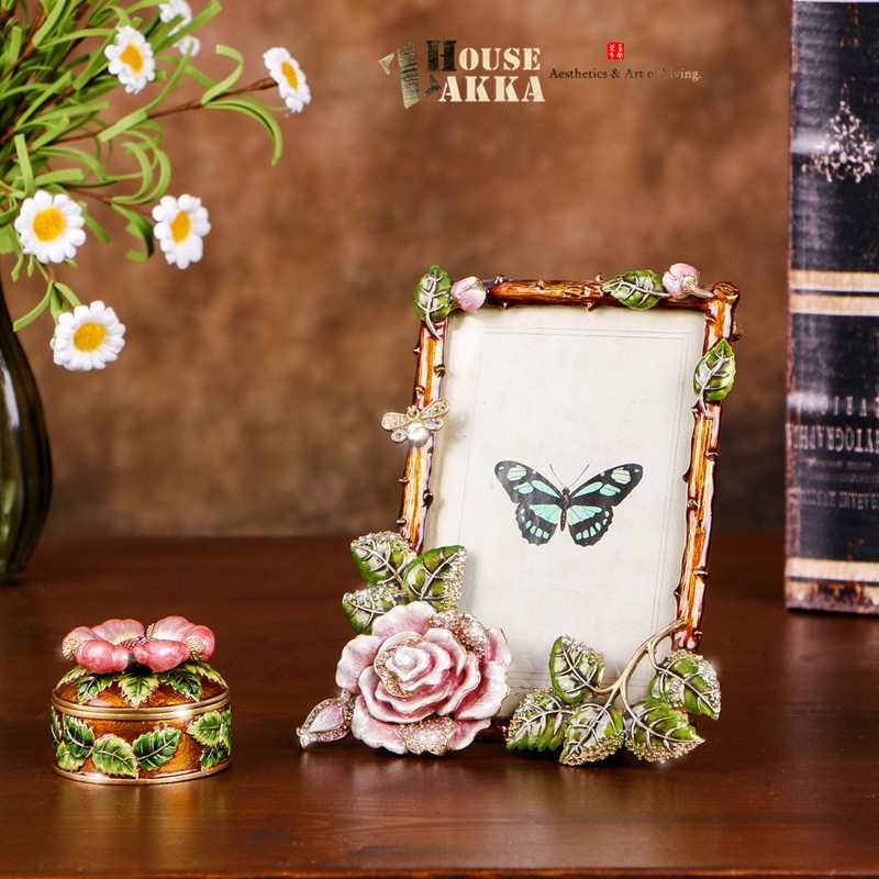 外贸复古相框手绘花鸟相框桌面展示创意摆台金属框架家居饰品礼物