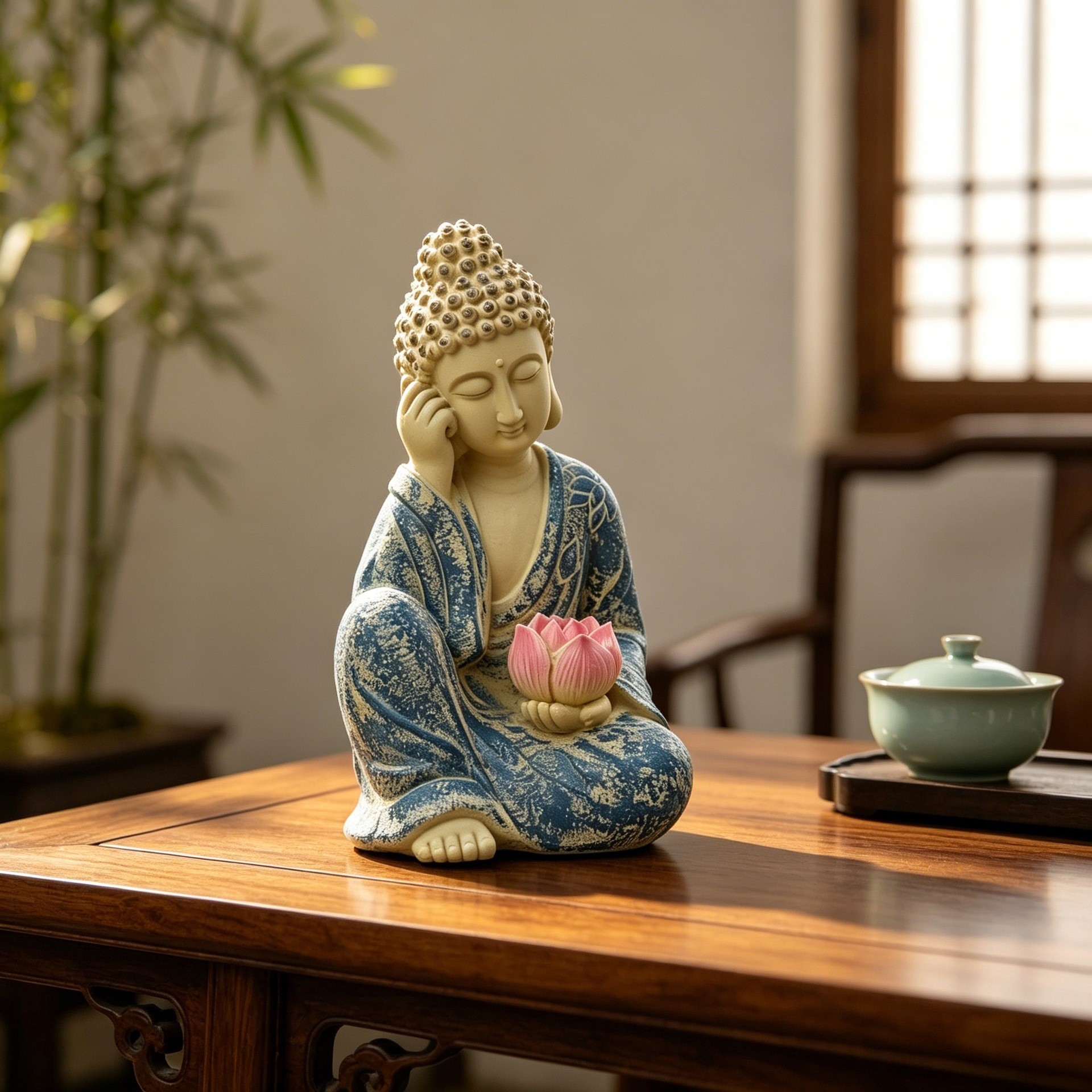 禅意坐姿沉思佛摆件中式睡佛手捧莲花佛像工艺品客厅茶室桌面摆设