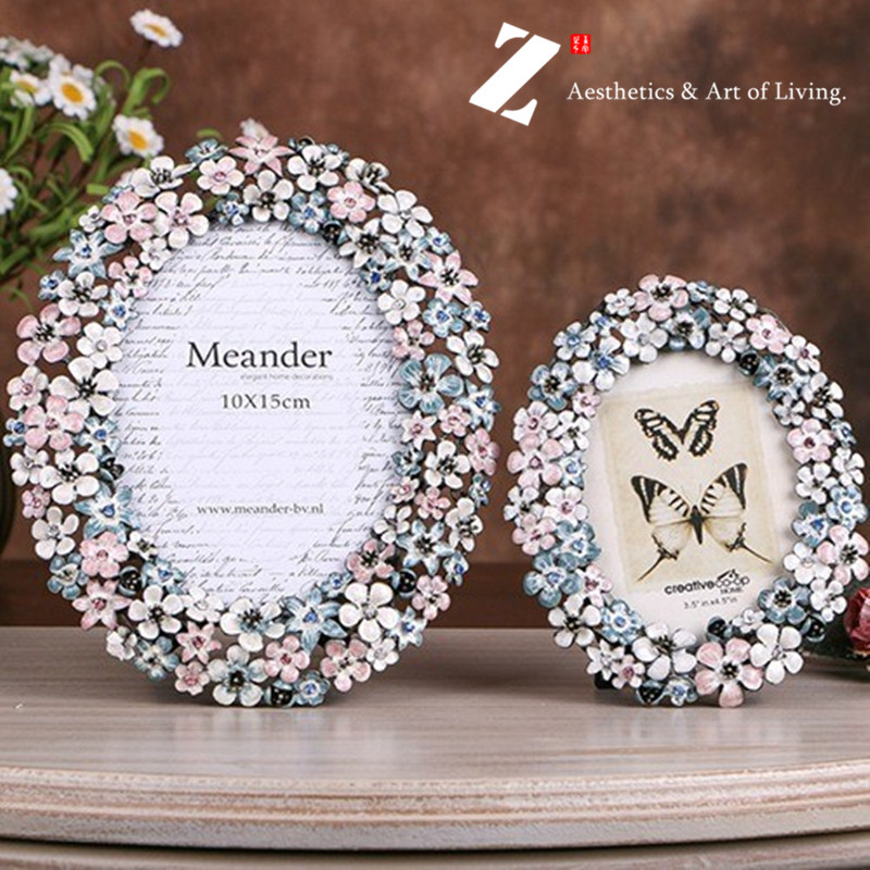 欧式田园相框镶钻珐琅彩金属花环画框4寸6寸结婚相片创意摆台