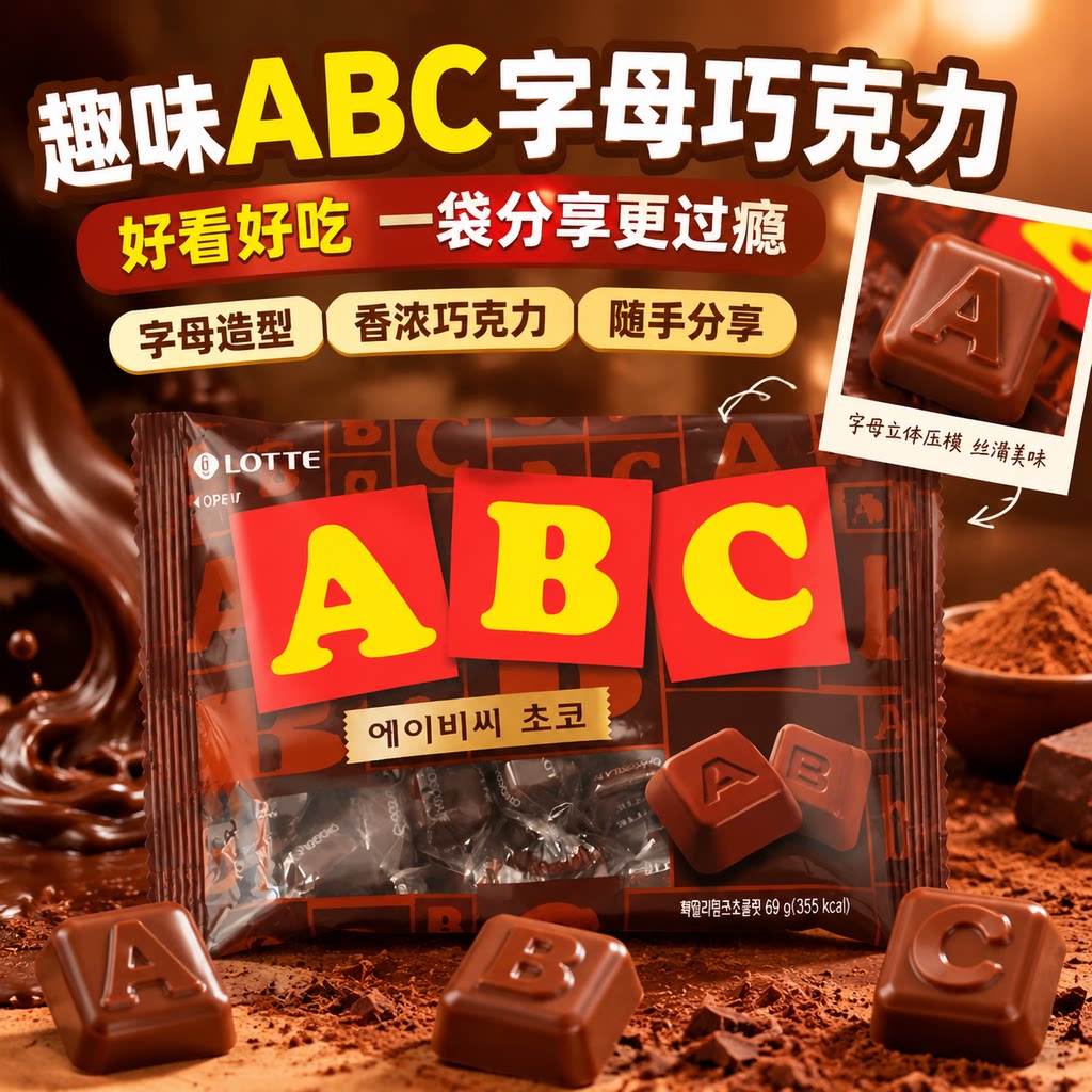 韩国进口乐天ABC字母巧克力黑巧糖果零食独立小袋包装休闲食品