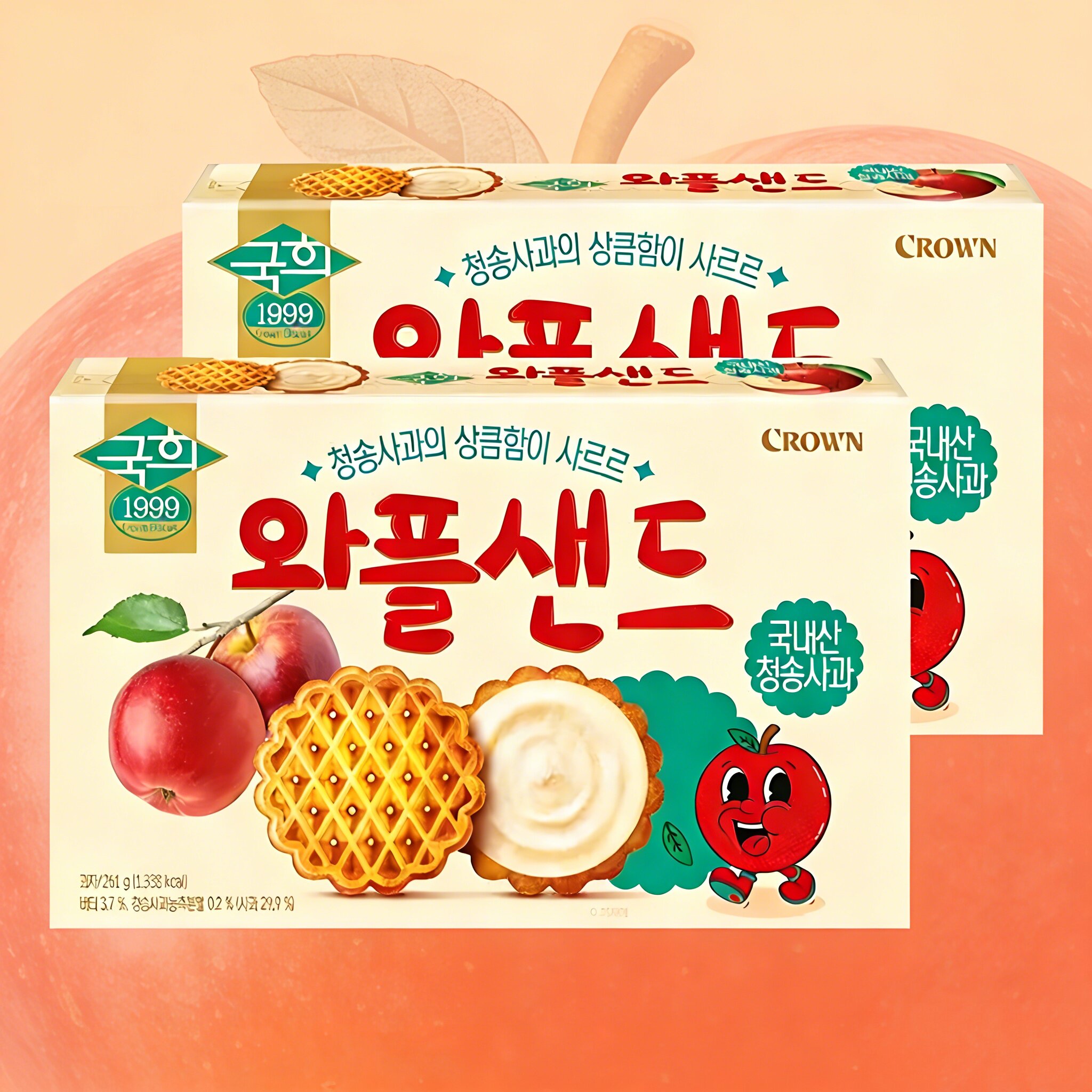 韩国进口CROWN克丽安苹果味夹心华夫饼干网红休闲零食早餐点心