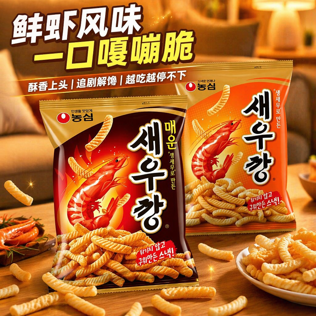 韩国进口零食农心虾条辣味咸香酥脆90g零食小吃休闲食品
