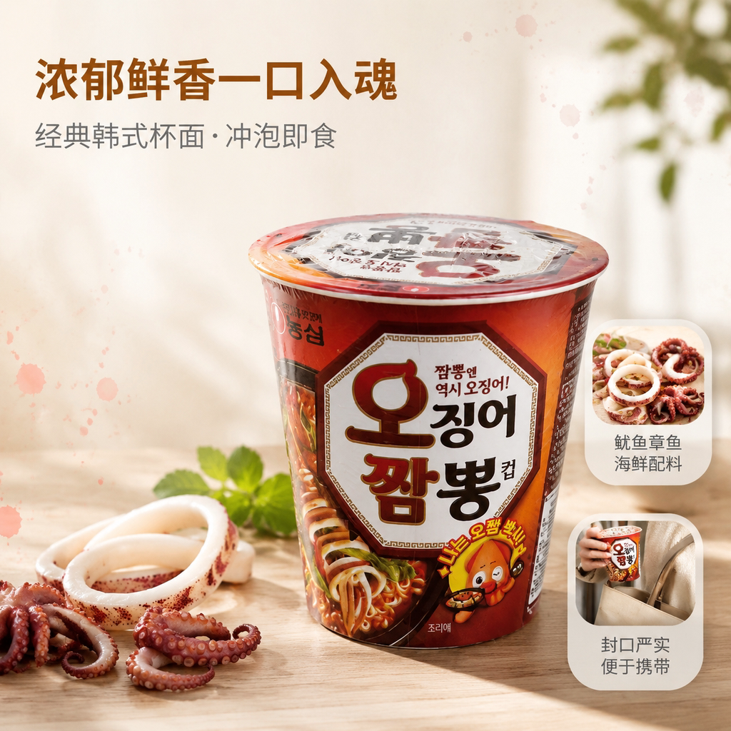 韩国进口方便面农心鱿鱼海鲜面67g杯装微辣鲜香墨斗鱼面速食泡面