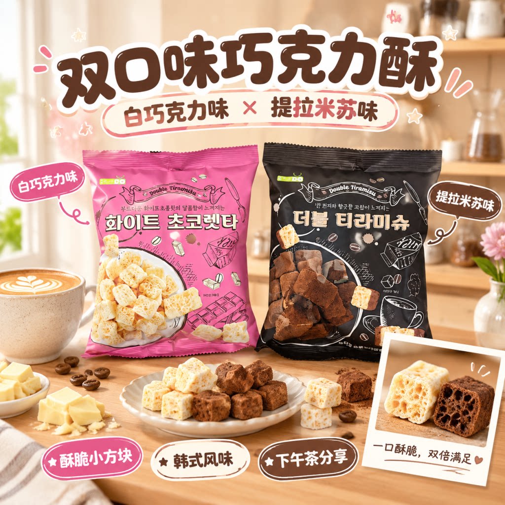 韩国进口CU便利店涞可小方块膨化65g提拉米苏白巧克力味网红零食