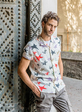 男士夏装短袖衬衫棉休闲宽松潮牌印花西装领薄款衬衫衣AntonyM