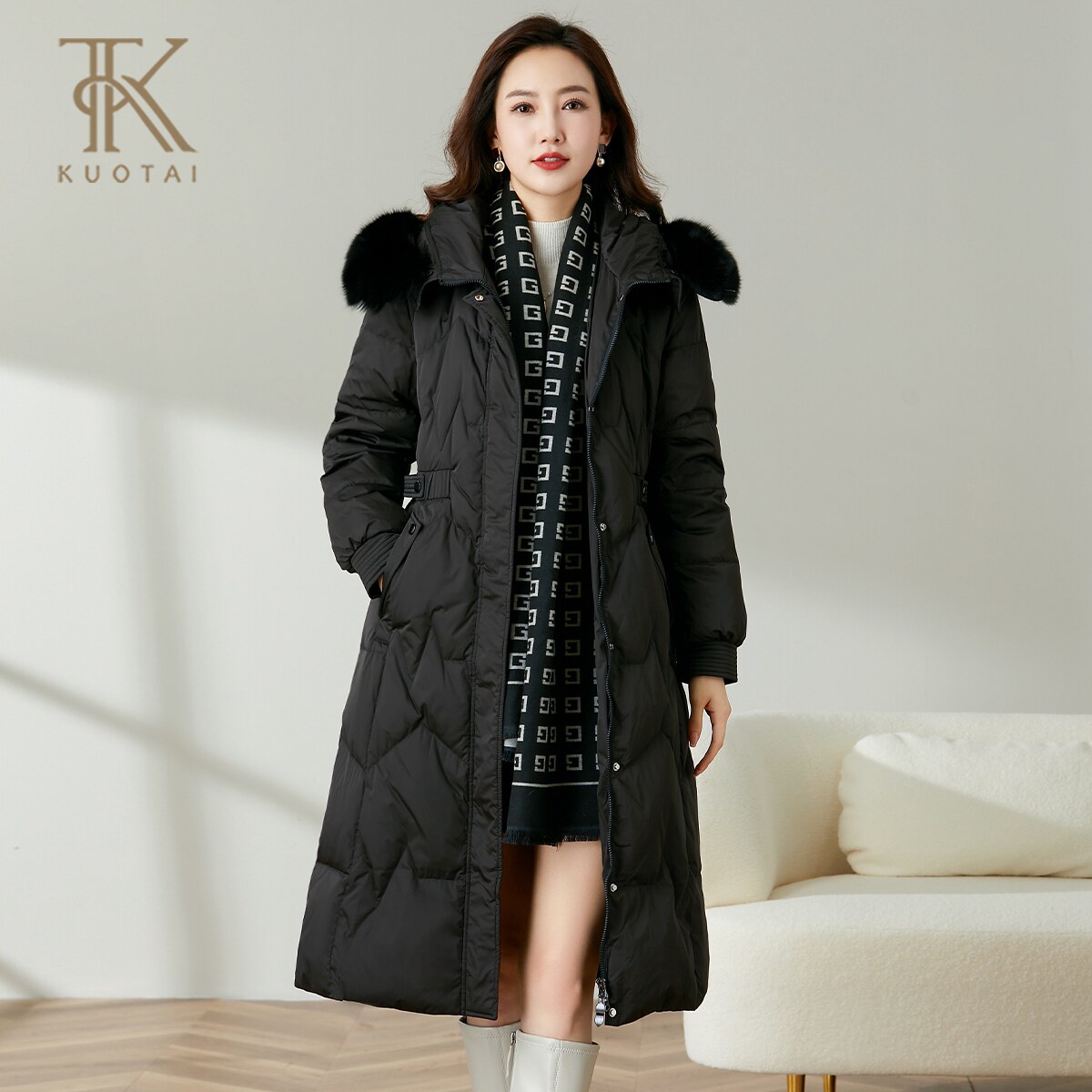 阔太高阶狐狸毛领连帽长款90白鸭绒中年妈妈羽绒服大码显瘦外套女