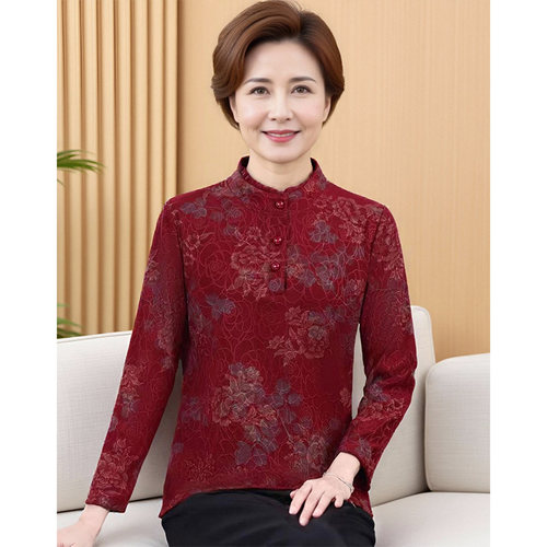 阔太中老年冬装女花边小立领T恤长袖加厚上衣妈妈装气质显年轻
