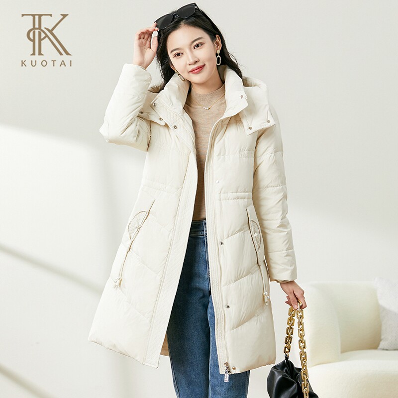 阔太中年妈妈中长款白鸭绒羽绒服2024冬立领连帽收腰加厚保暖外套