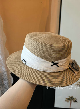 海边度假防晒细纸草平顶草帽女夏