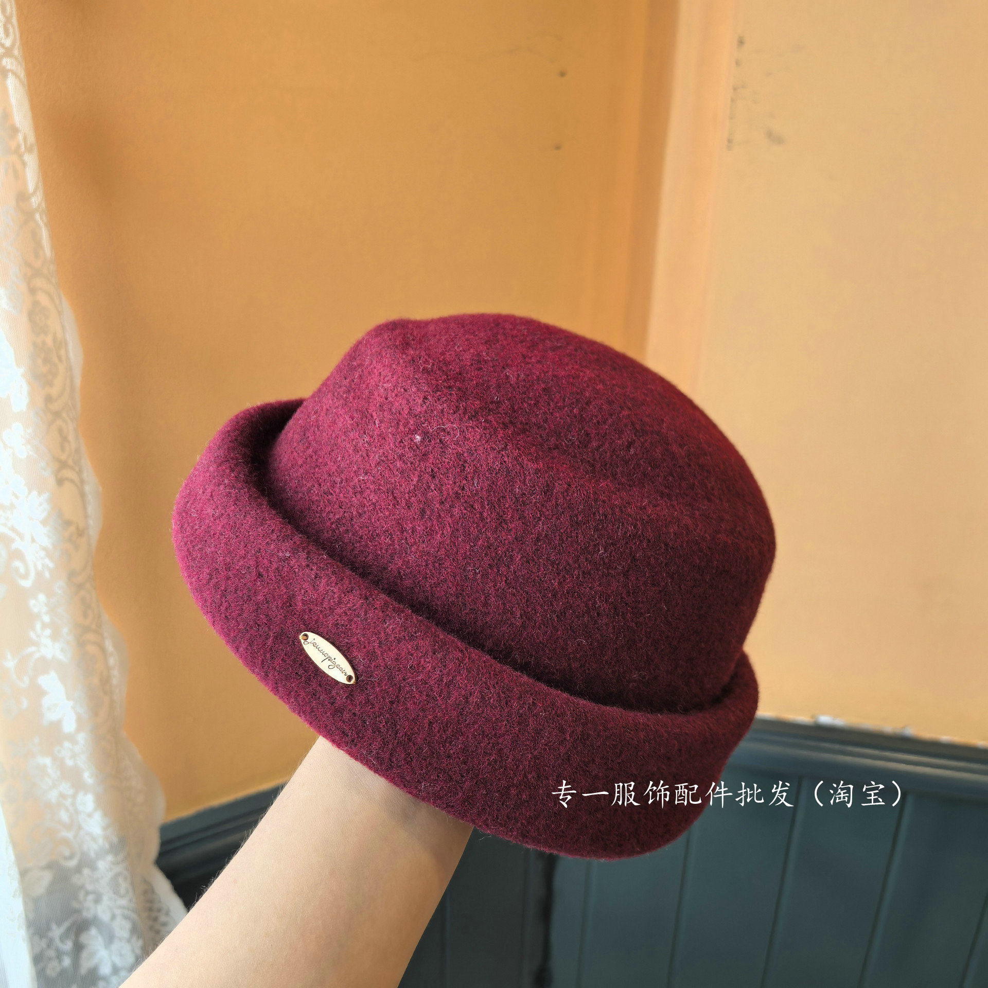 韩版千金风毛呢贝雷帽女秋冬金属小标卷边礼帽时尚百搭名媛帽子