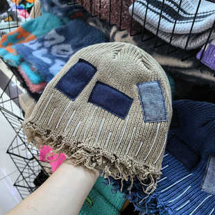 秋冬新款时尚贴布破洞毛线帽子男休闲补丁乞丐风百搭针织套头冷帽