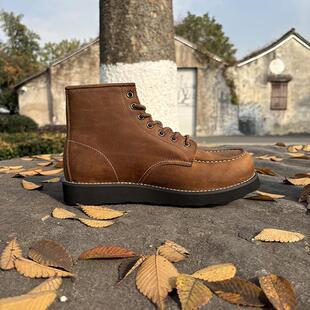 875 1907CFS棕色疯马皮划痕刺伤工装靴牛皮短靴