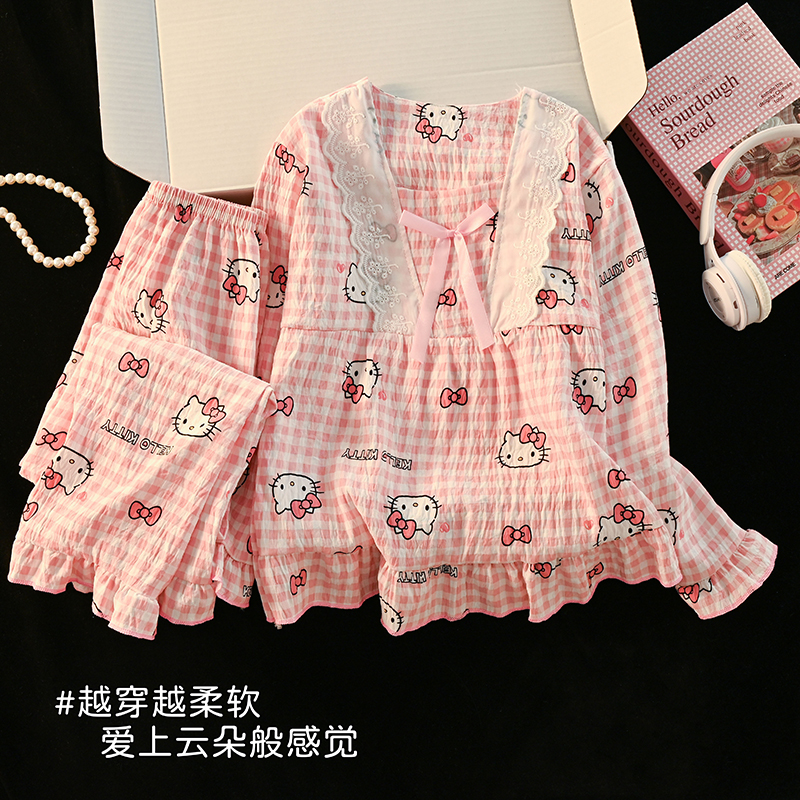 女童睡衣女士春秋季新款长袖花边可爱卡通儿童家居服大码亲子套装