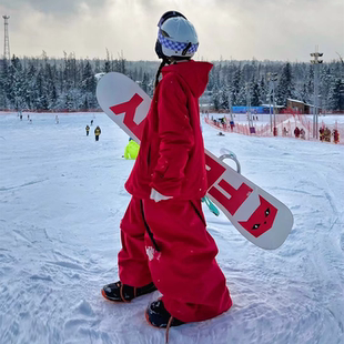 子 防水防风加绒保暖单板宽松滑雪服外套红色雪裤 北渊滑雪裤 女男款