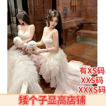 夏季155cm矮个子搭配XXXS150女装不规则网纱吊带连衣裙女拖尾长裙