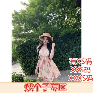 矮个子150cm显高155XXXS新款女装夏季吊带蕾丝拼接高腰露背连衣裙