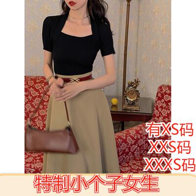 加小码XXXS150cm显高夏装女装小个子方领冰丝针织T恤女别致露锁骨