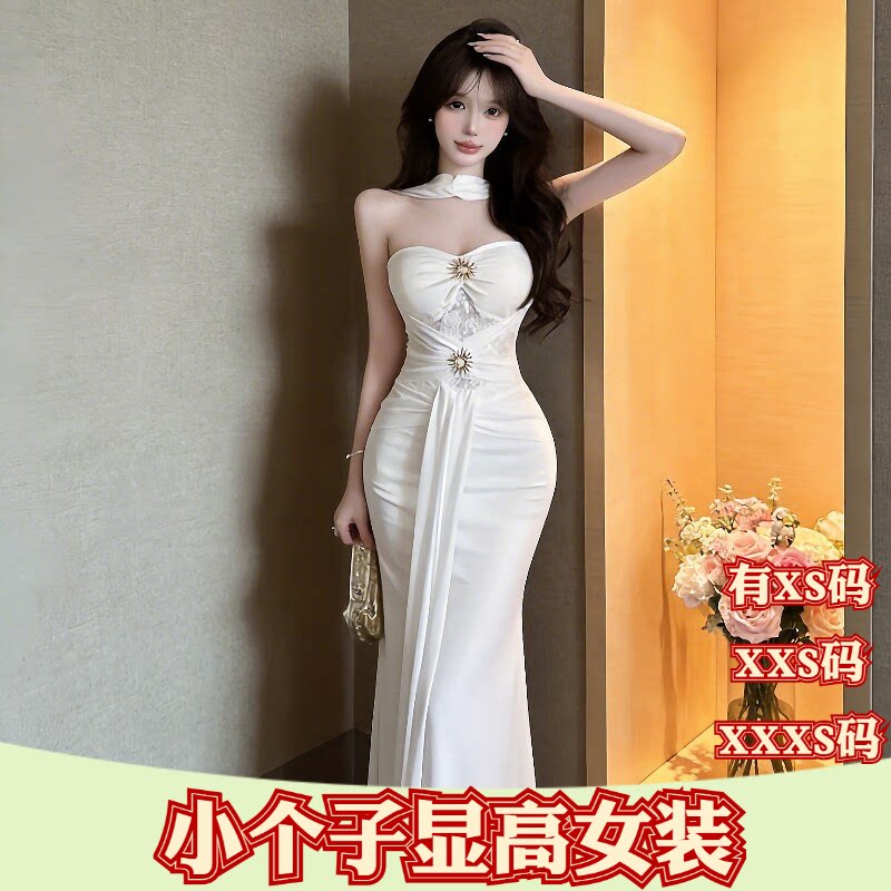 夏季小个子女装XXXS加小码150cm显高一字肩连衣裙高级性感收腰裙