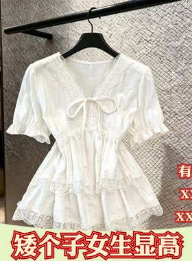 155小个子XXXS矮个子夏季150cm女装蕾丝V领衬衫拼接雪纺打底衫女