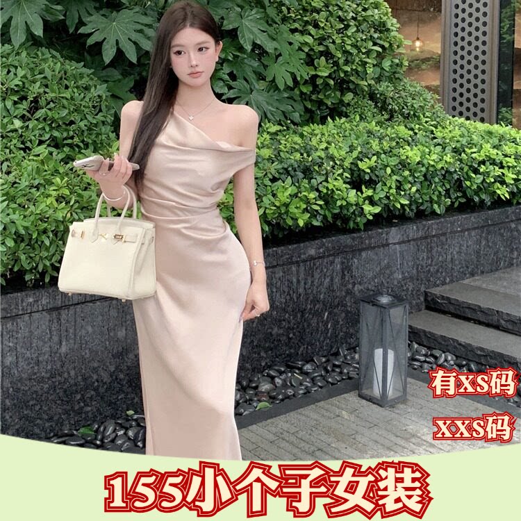 新款夏季女装小个子150cm显高加小码XXS斜肩缎面荡领连衣裙时尚