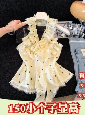 夏季矮个子150cm显高女装XXXS加小码无袖衬衫蕾丝拼接荷叶边小衫