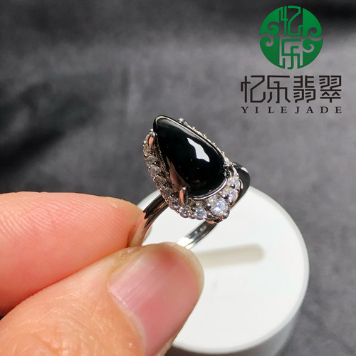 缅甸天然A货翡翠墨翠银镶水滴戒指墨翠银镶女戒指银镶送闺蜜礼物