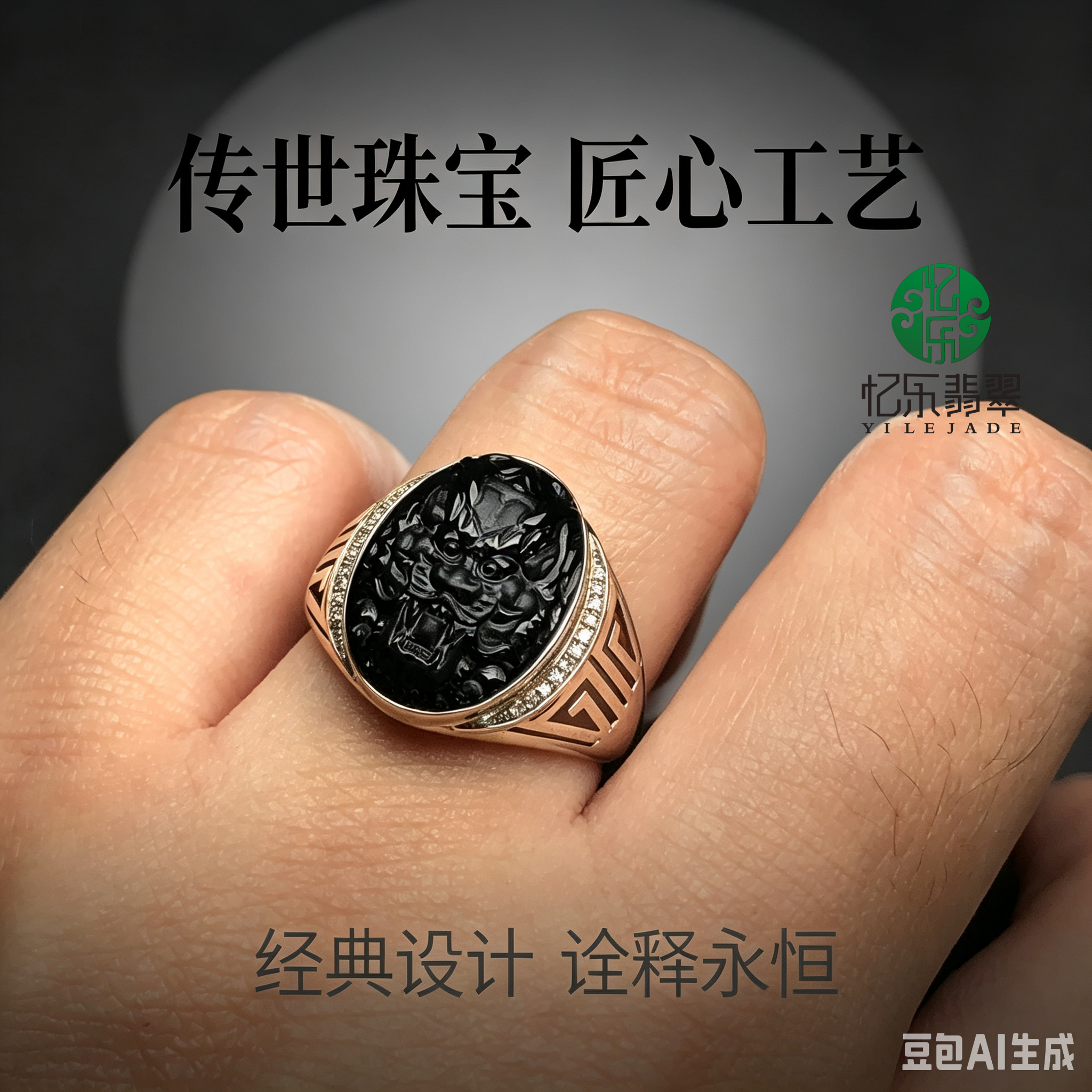 缅甸天然A货翡翠墨翠龙头男戒面高品质墨翠18k白金镶嵌龙头男戒