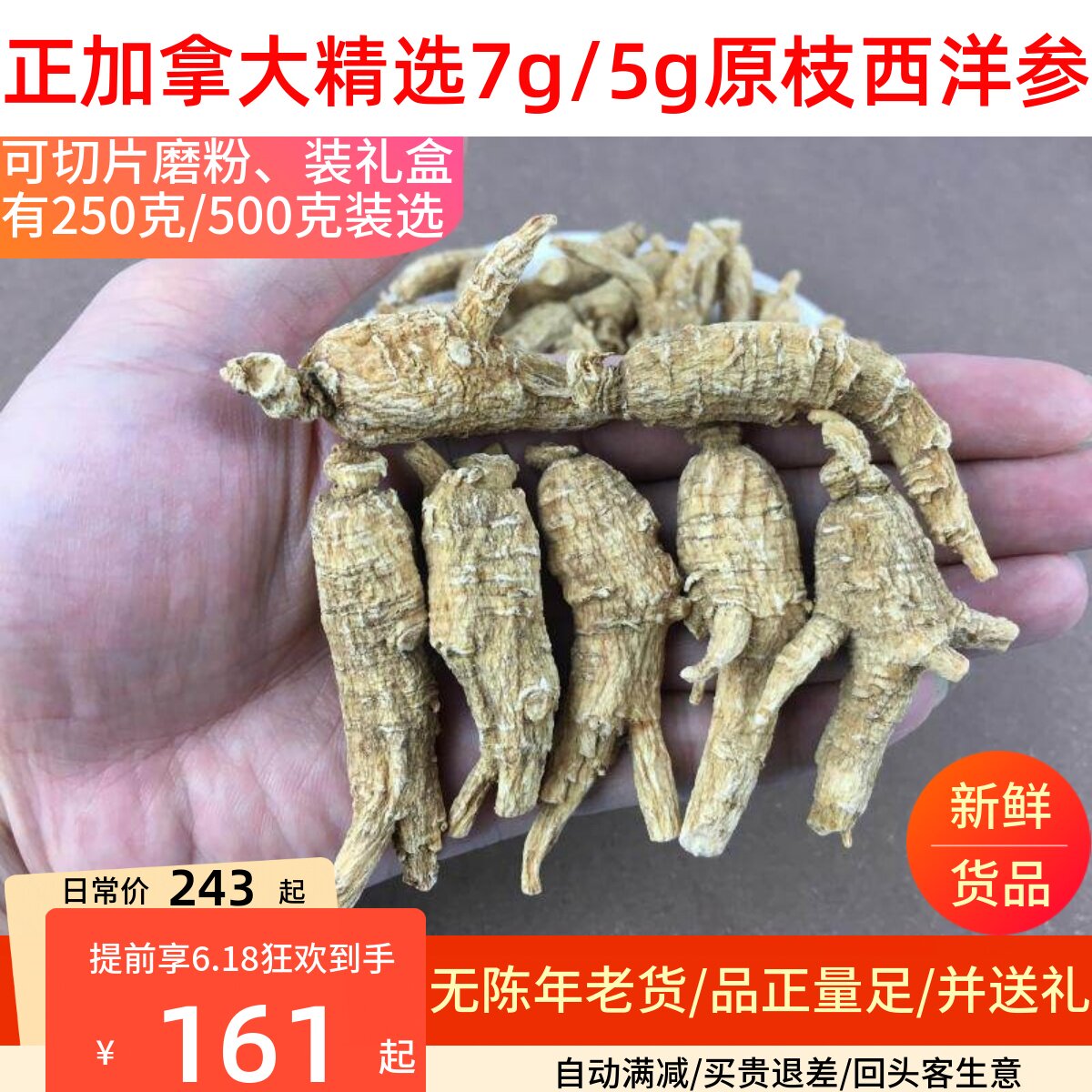 加拿大进口原丛西洋参半斤非美国原枝老花旗参条500克g可切片打粉